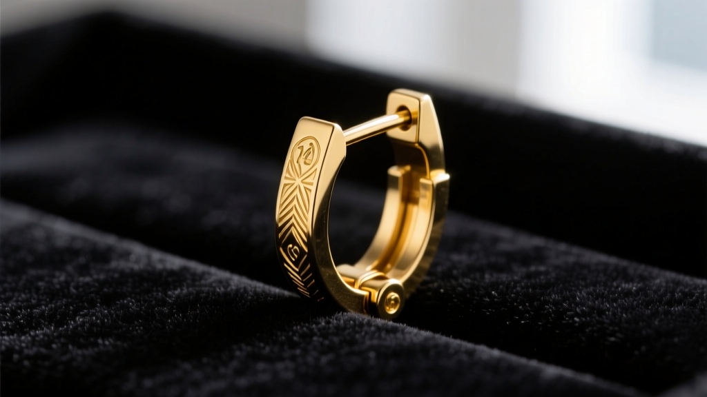 Macro view of a 14k yellow gold leverback earring hinge on dark velvet, showing precise metalwork and a secure snap closure.