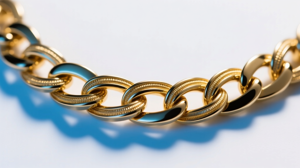 Microscopic view of gold plating layers over a brass base metal necklace chain, illuminated by cool blue laboratory lighting.