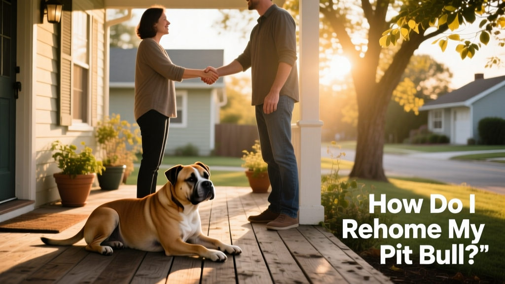 Two people shaking hands while a relaxed pit bull sits calmly between them on a quiet front porch