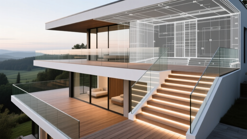 Architectural blueprint overlaid on a modern multi-level composite deck with integrated LED stair lighting and glass railings