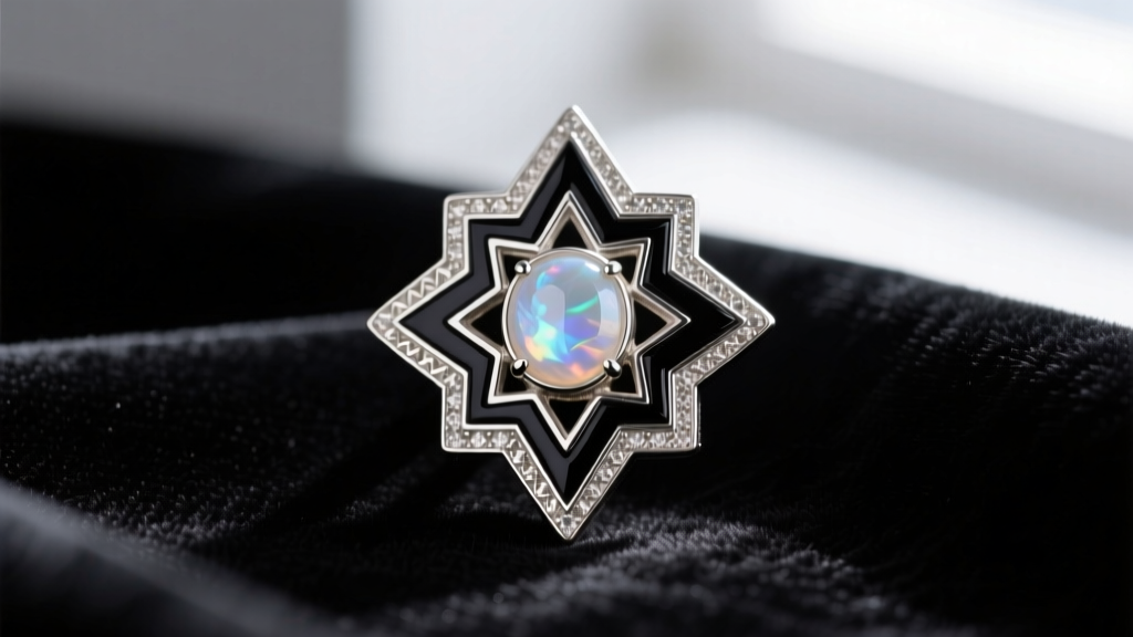 Close-up of an Art Deco platinum earring featuring a bezel-set moonstone with geometric onyx inlays, displayed on dark velvet.