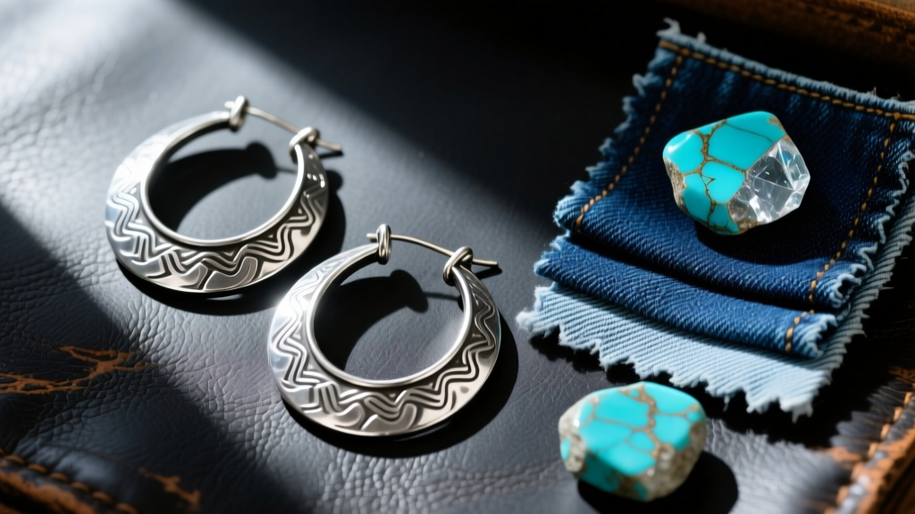 Flat-lay of heavy Western silver hoop earrings, denim swatches, and raw turquoise stones on a dark rustic leather background.
