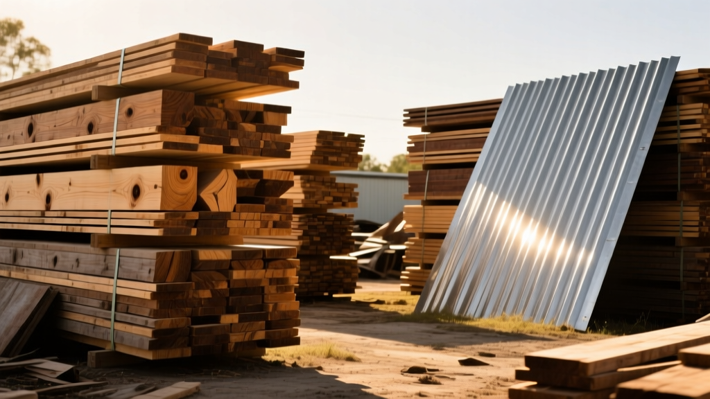 Stacks of reclaimed dimensional lumber and corrugated metal roofing at a Florida surplus salvage yard under bright sunlight
