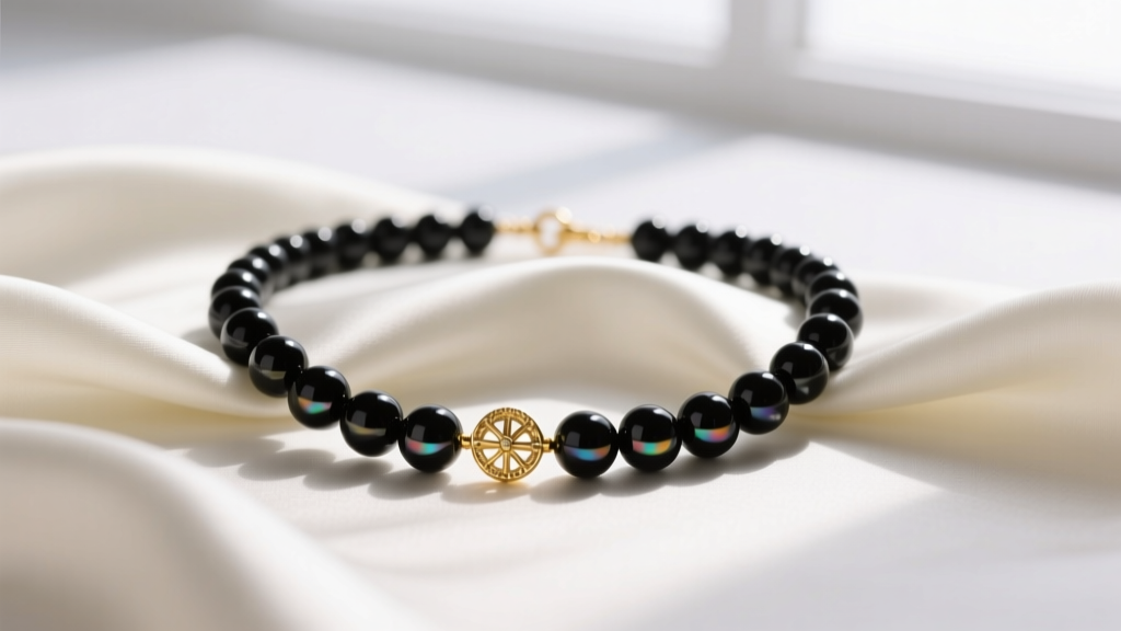 Close-up of a delicate 11/0 black glass seed bead necklace with a tiny gold clasp resting elegantly on draped ivory silk cloth