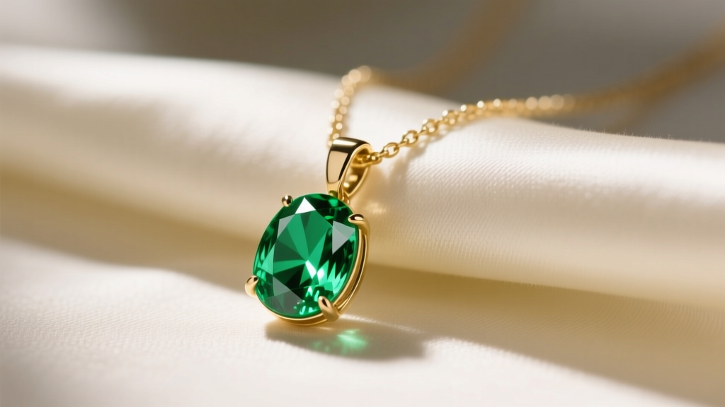 Close-up of an 18k gold necklace with a vibrant oval tsavorite green gemstone pendant resting on cream silk in soft lighting