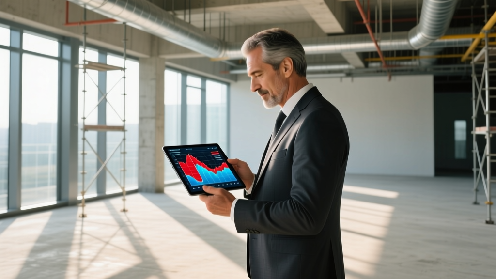 Architect reviewing a digital tablet displaying structural stress graphs and peer-reviewed material data on a modern construction site