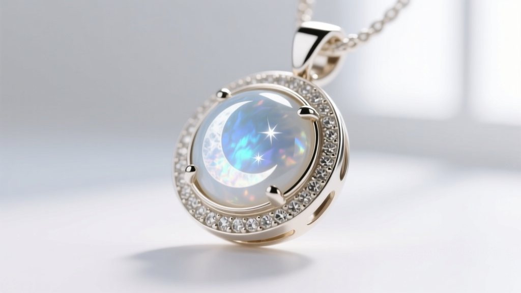 Macro shot of a white gold bezel moonstone pendant, showing the metal rim protecting the fragile gem edges from chipping.