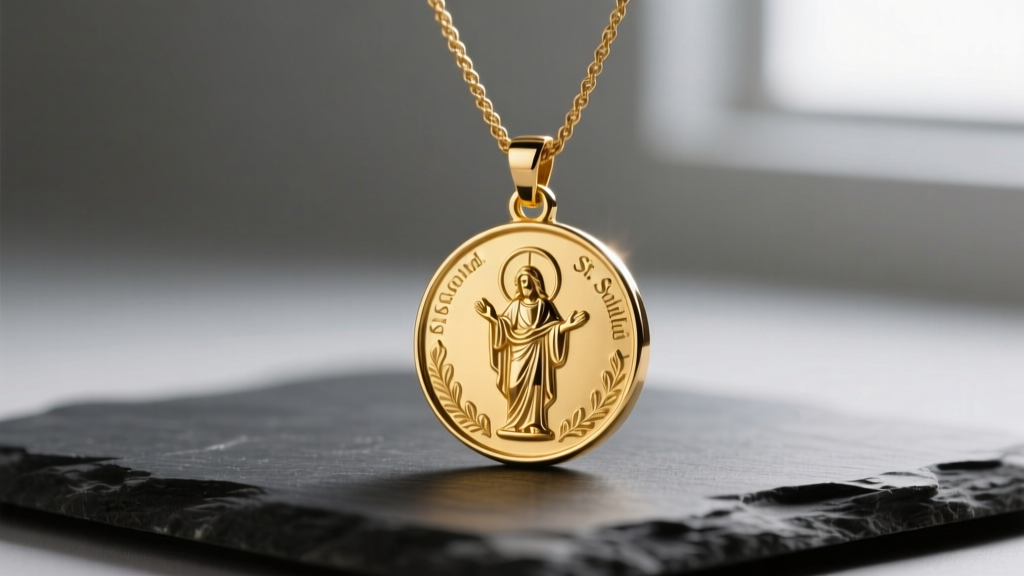 Close-up of a 14k solid gold St. Christopher medal pendant on a 1.5mm rope chain, resting on dark slate with soft lighting