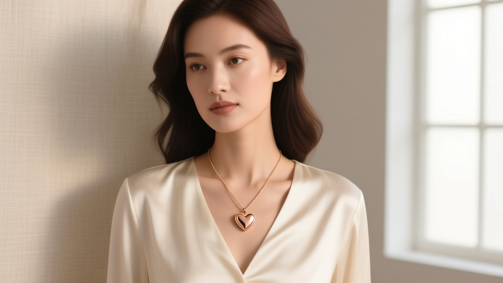 Elegant woman wearing 18k rose gold Foundrae heart pendant on paperclip chain over cream silk blouse in soft natural light.