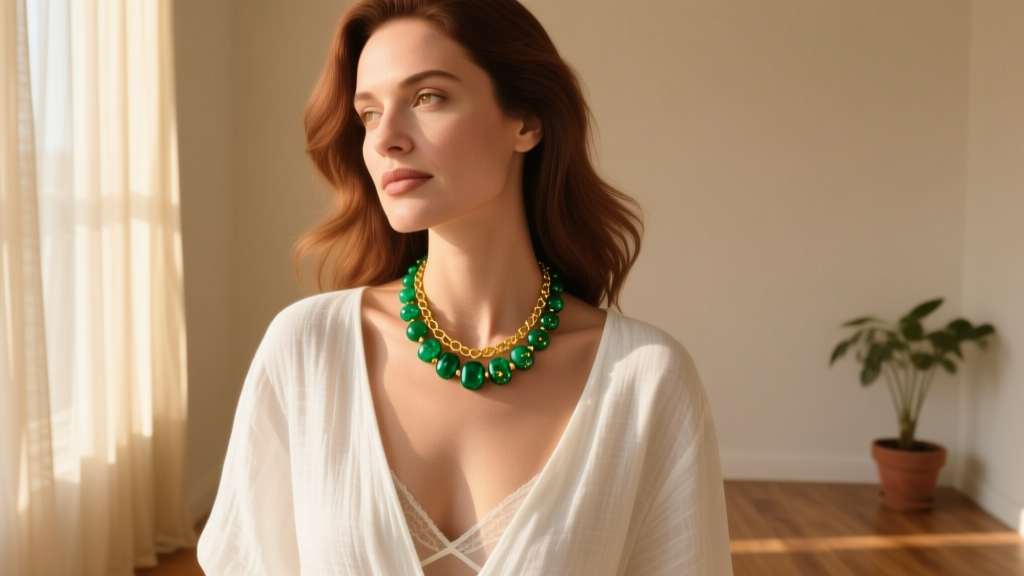 Woman wearing a 1970s vintage aventurine necklace with green beads on a gold chain, styled with a white linen top in warm sunlight.