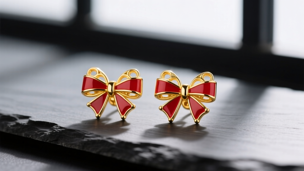 Studio lighting macro photography of 18k yellow gold red vitreous enamel bow stud earrings resting on a dark slate surface