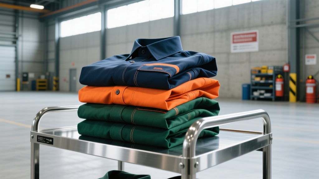 Heavy-duty Nomex and PBI blend flame-resistant work shirts stacked on a metal supply cart inside an industrial safety warehouse