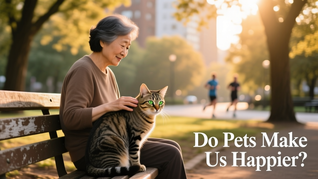 A person sitting on a park bench, gently stroking a calm tabby cat