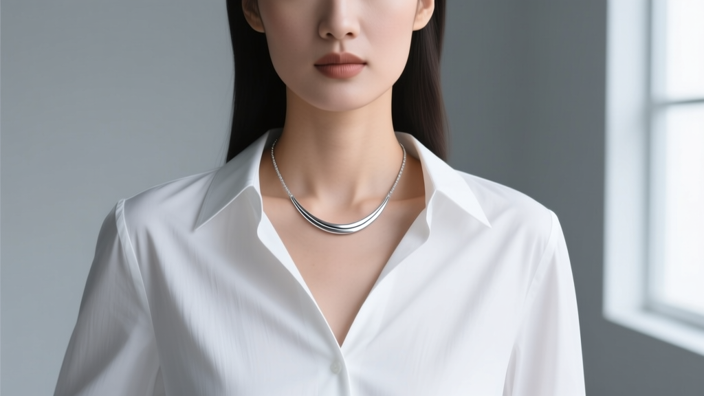 Woman wearing a 45cm sterling silver pendant necklace over a crisp white V-neck button-down shirt, photographed from chest up.