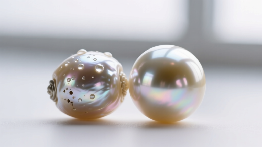 Macro shot of a blemished freshwater pearl next to a flawless South Sea pearl, highlighting surface quality and luster contrasts