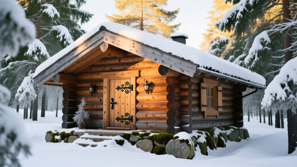 Rustic Nordic-style timber frame cabin with rough-hewn stone foundation and wrought iron hardware surrounded by pine trees in a snowy landscape