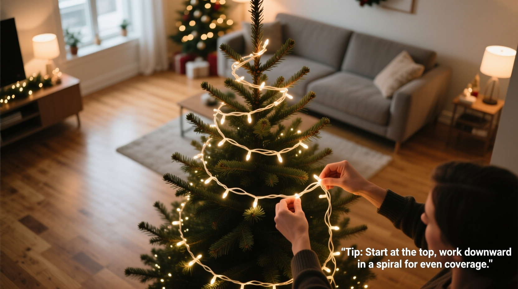 how to wrap a christmas tree evenly with lights without gaps