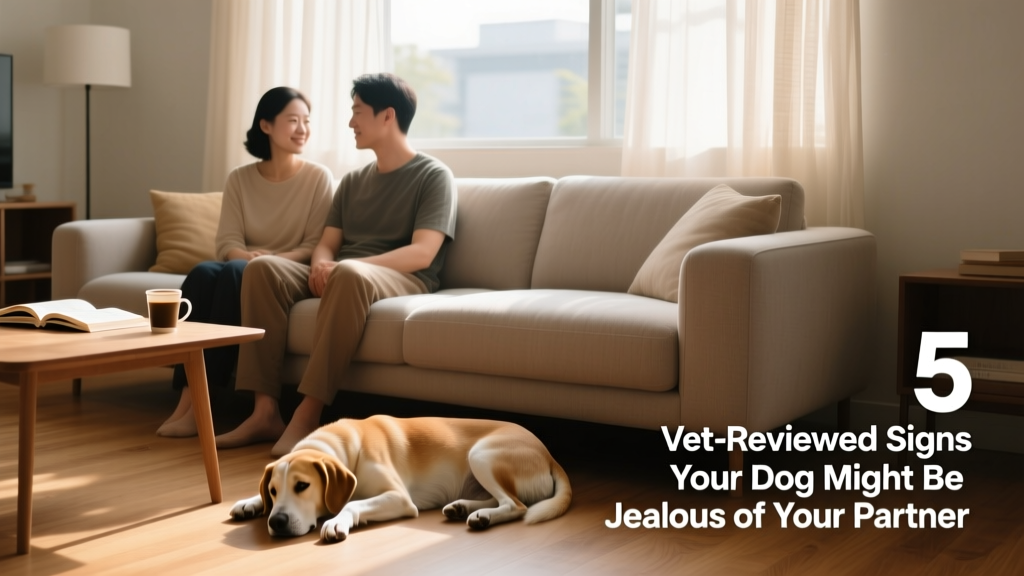Two people sitting together on a sofa while a calm, relaxed dog rests nearby with soft eyes and loose body posture
