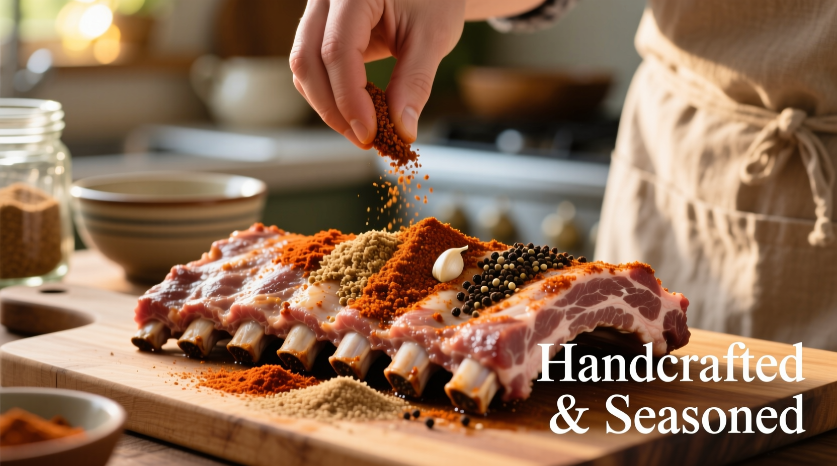 Homemade spice rub being applied to pork ribs