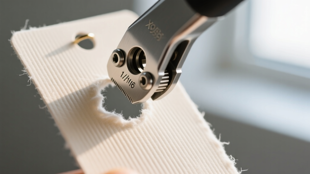 Close-up of a metal hole punch making a 1/16 inch hole in thick 16pt cotton display earring cards showing vertical paper grain
