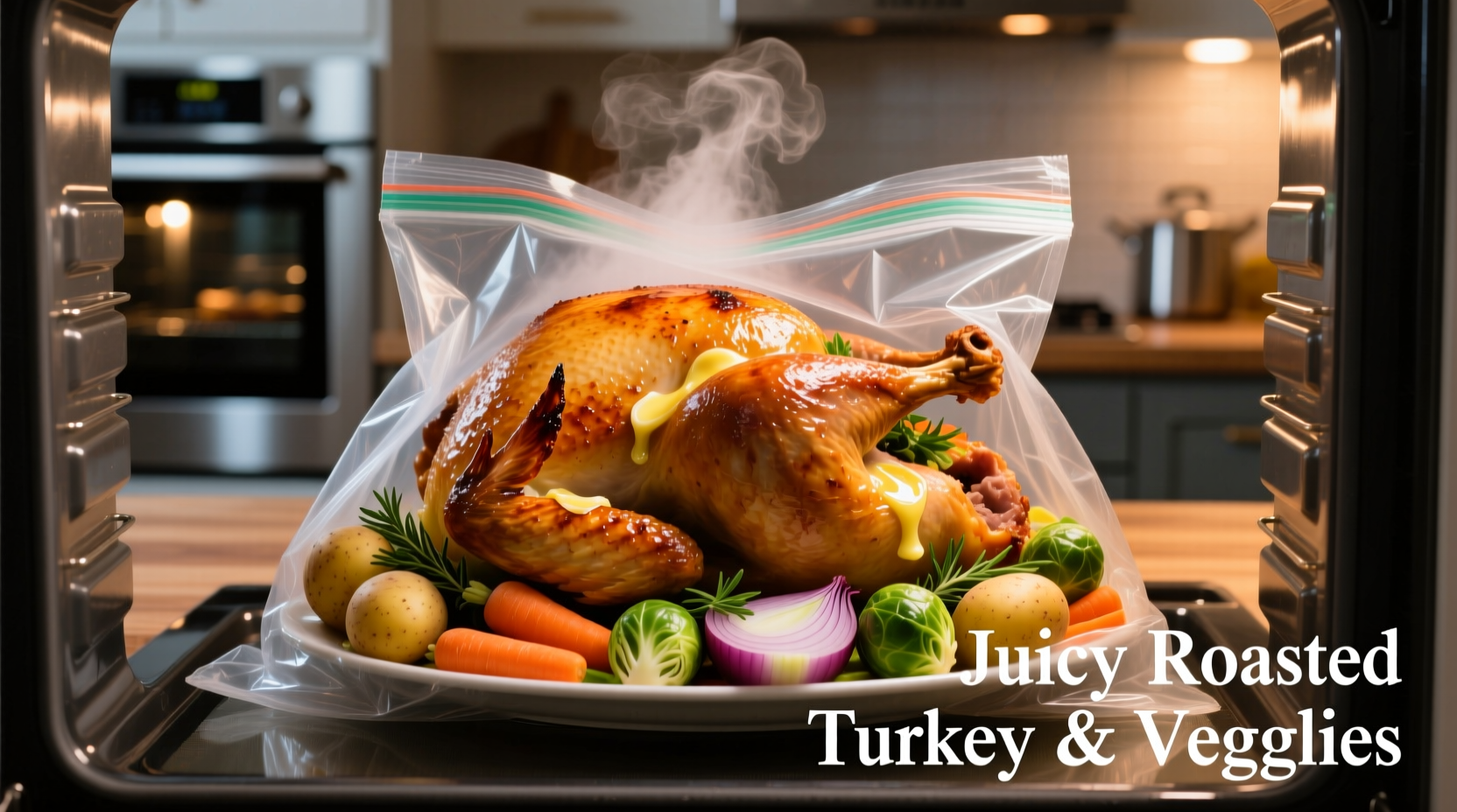 Juicy roasted turkey in oven bag with vegetables