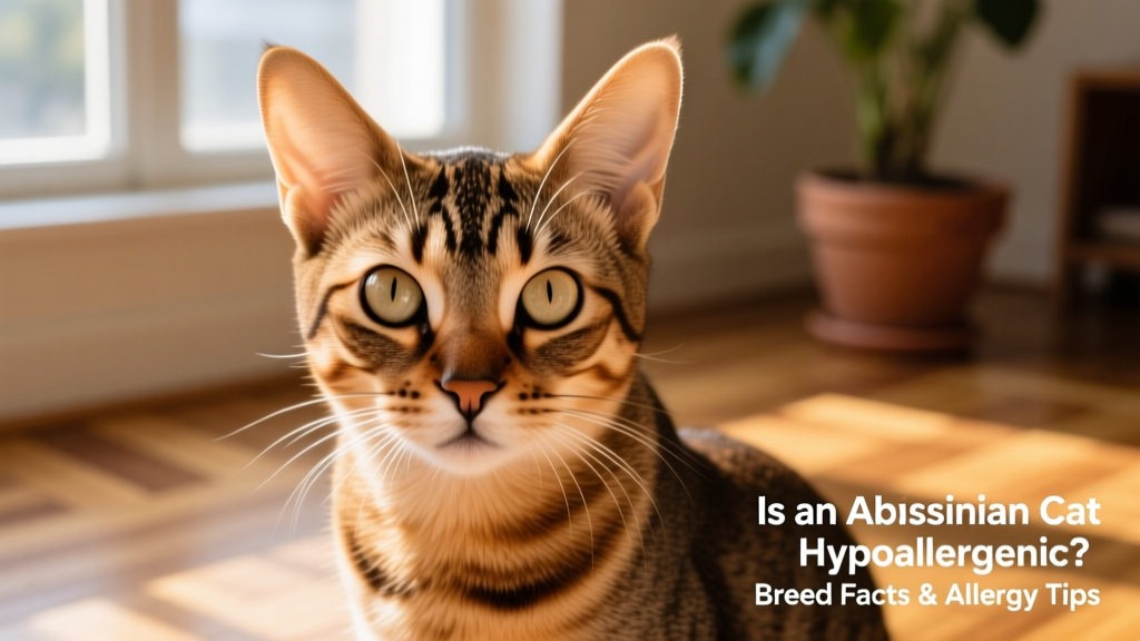 Close-up of an Abyssinian cat’s expressive face and short, ticked coat