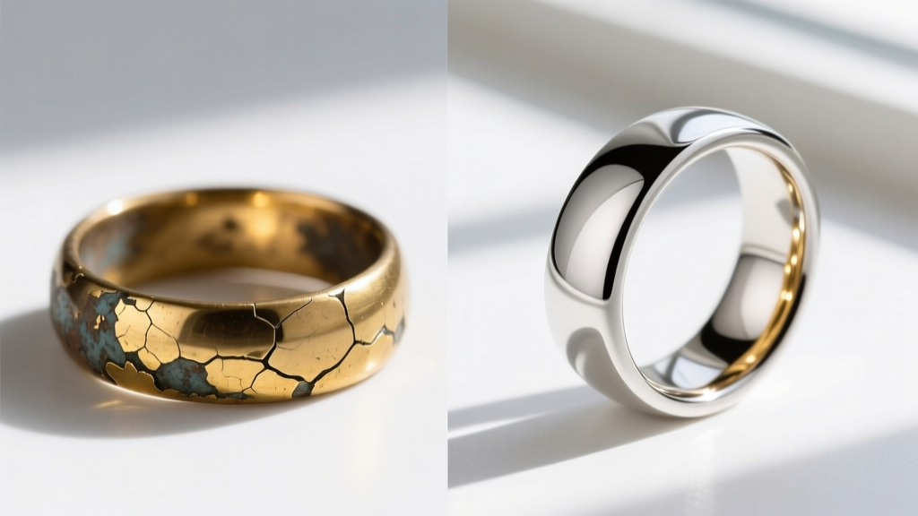 Side-by-side view of a tarnished brass ring with peeling gold flash plating next to a pristine sterling silver vermeil ring.