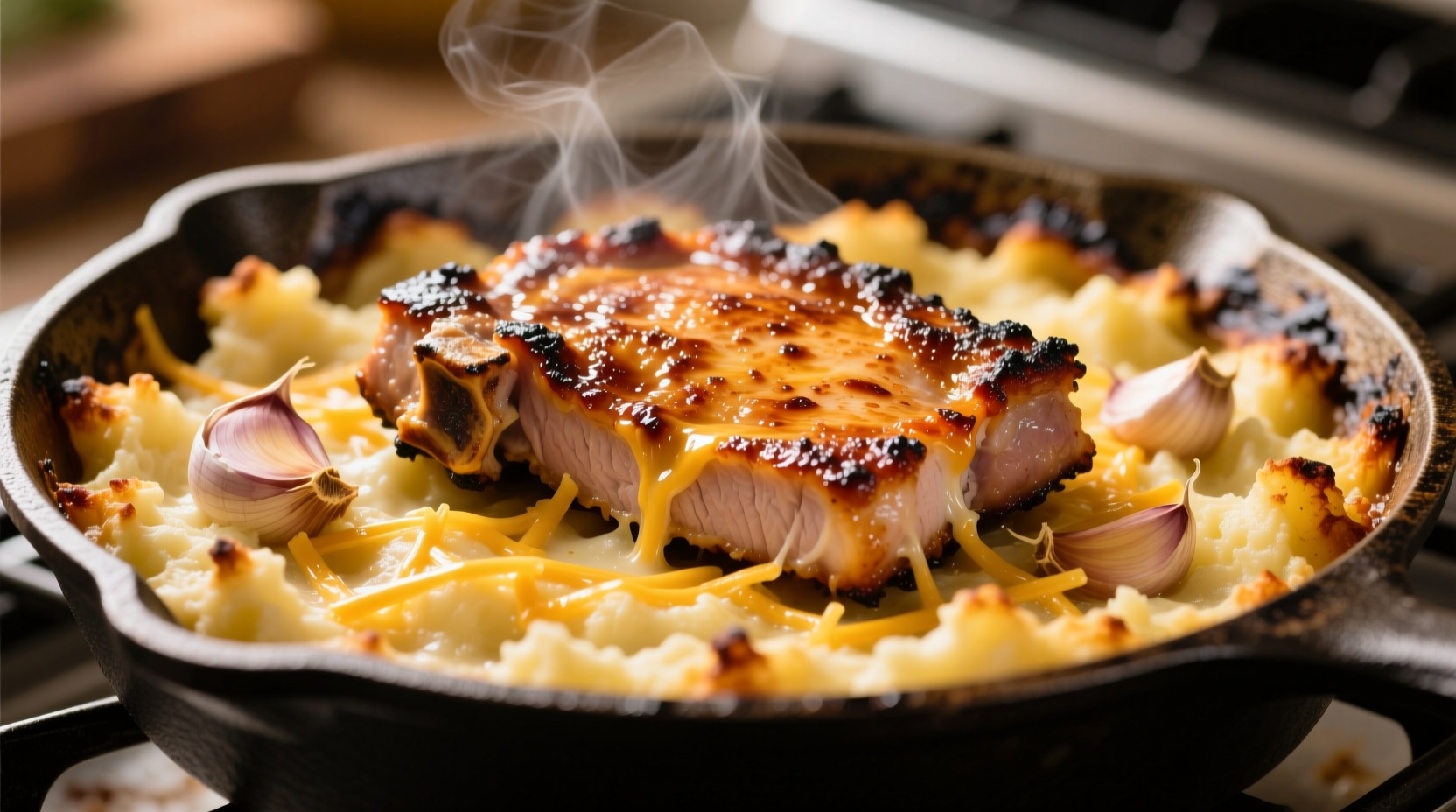 Golden pork chop potato casserole fresh from oven