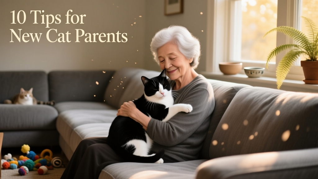 An older woman gently hugging a black-and-white cat on a cozy gray couch