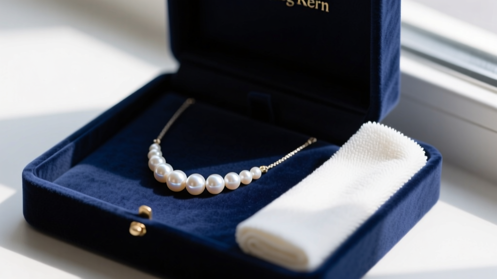 Single-strand Dyrberg Kern pearl pendant necklace resting in a suede-lined jewelry box next to a soft microfiber polishing cloth.