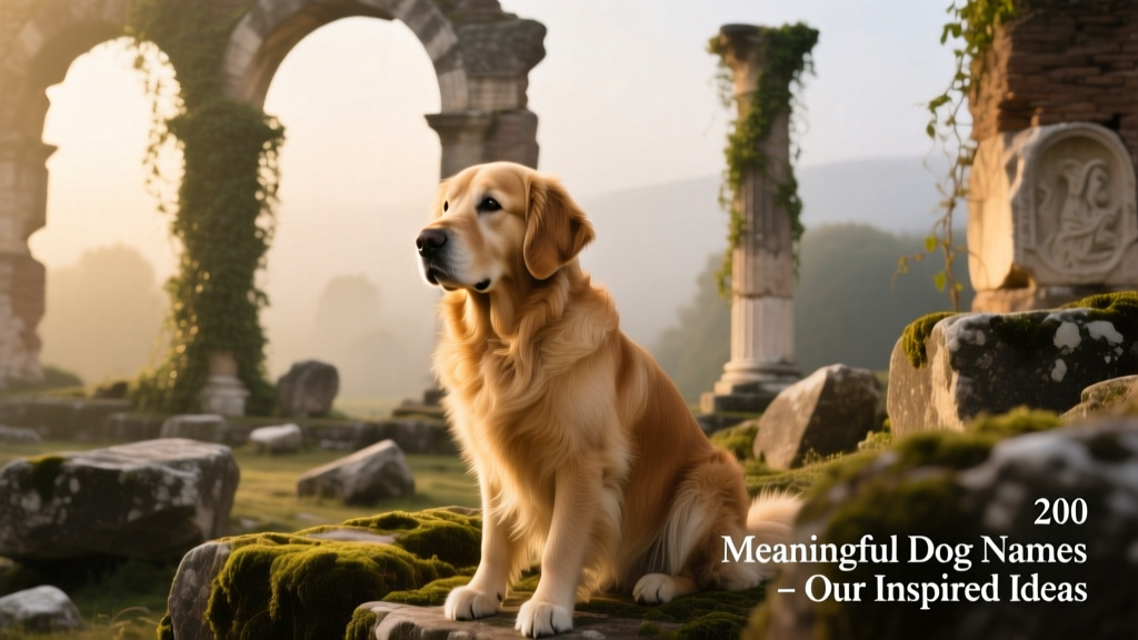 A golden retriever sitting calmly among ancient stone ruins bathed in soft sunlight