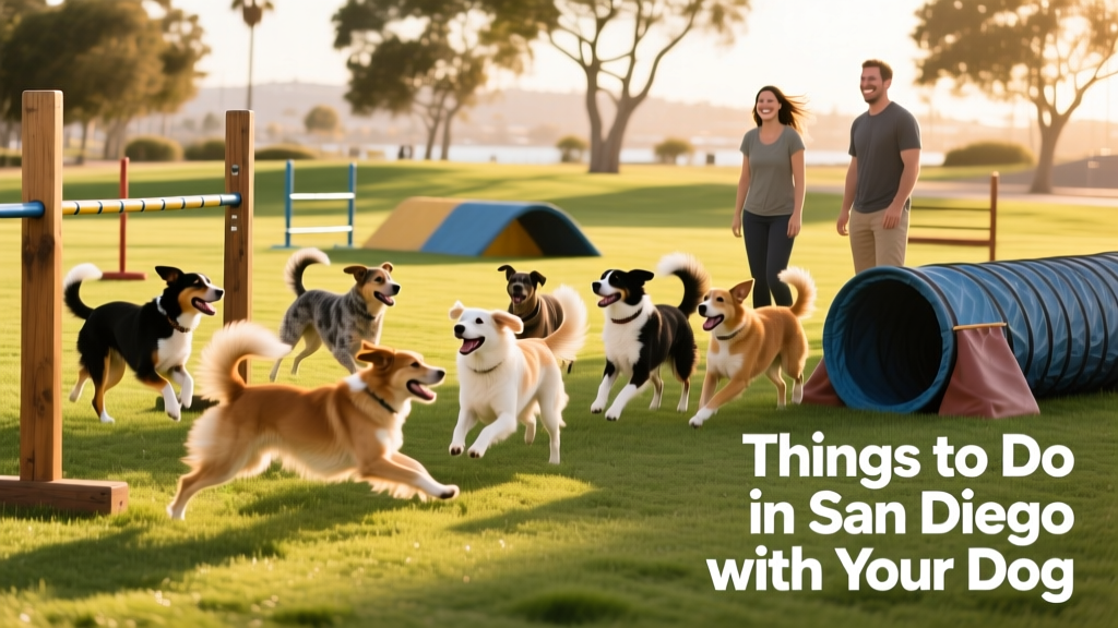 A diverse group of dogs playing together in a spacious, shaded off-leash dog park with agility equipment