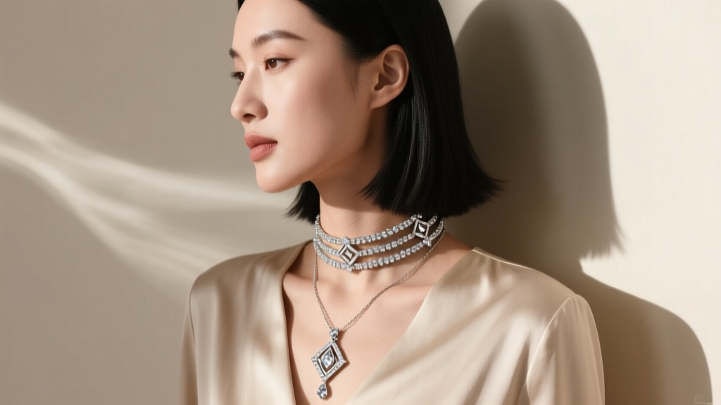Side profile of a woman wearing a layered crystal choker and a longer silver pendant necklace against a neutral beige silk blouse.