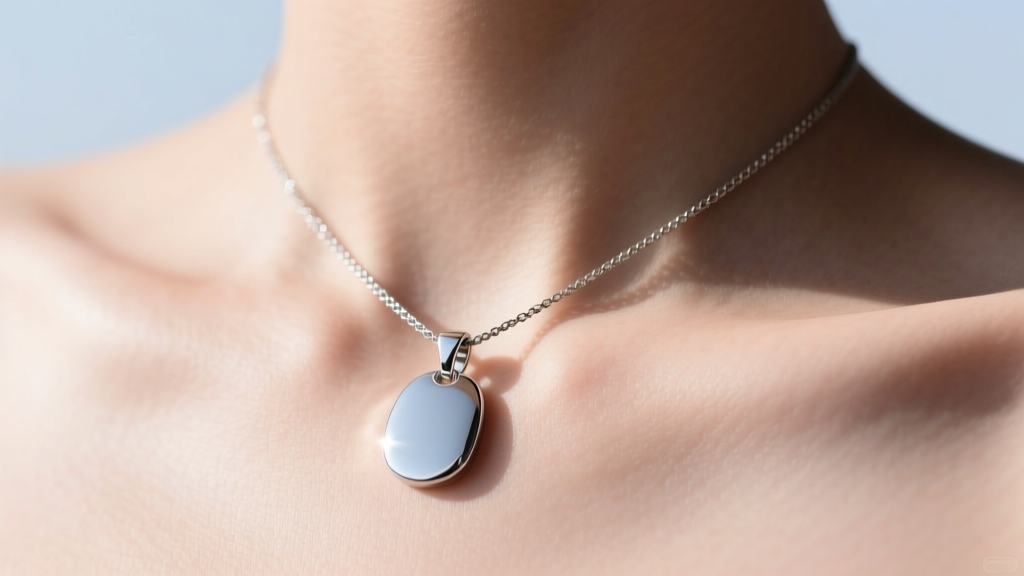 Hypoallergenic titanium pendant resting on a bare collarbone, showing smooth skin without irritation under bright natural daylight