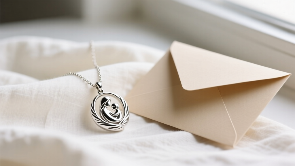 Silver-plated Willow Tree necklace pendant showing a mother and child motif on soft linen fabric beside a folded greeting card.