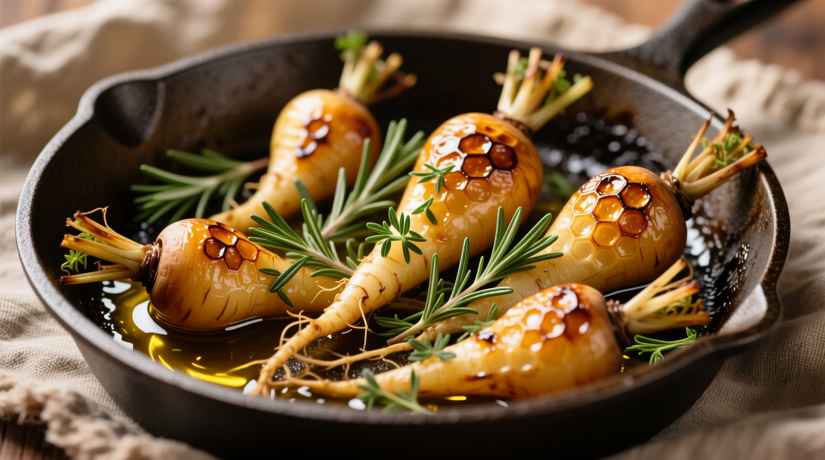 Golden roasted radishes with herbs on baking sheet
