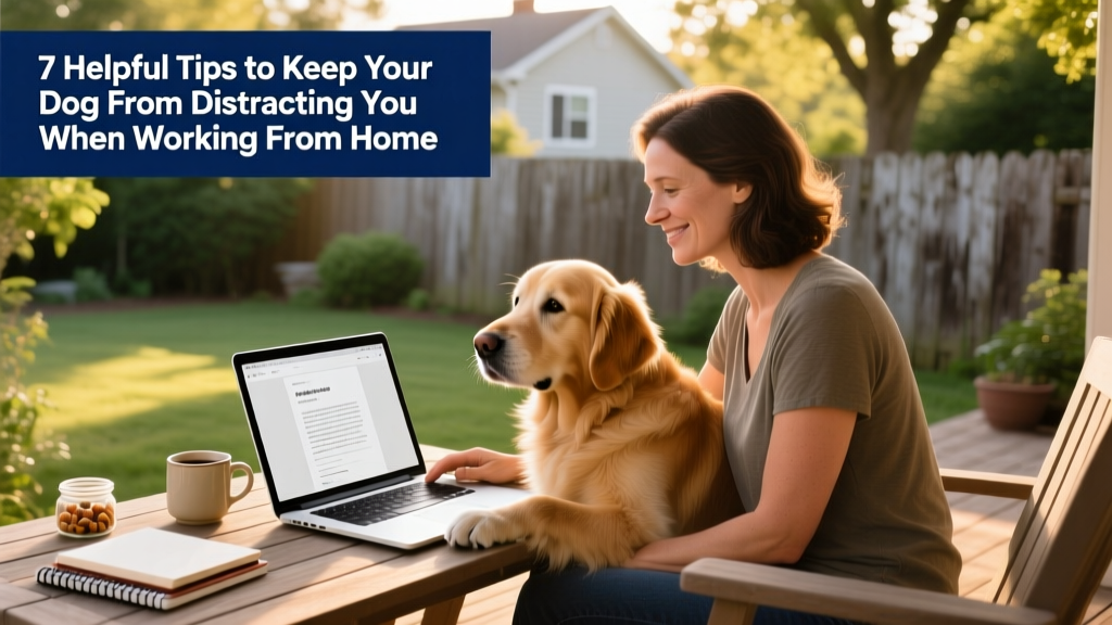 woman with her dog working on laptop