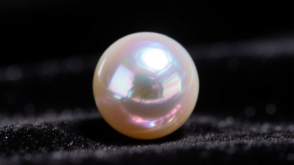 Macro shot of a 15mm Edison freshwater pearl showing intense mirror-like luster and subtle rose overtones against dark velvet