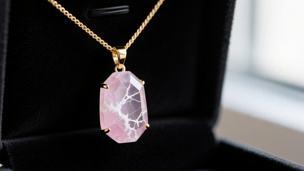 Macro shot of a pale pink rose quartz pendant with natural white inclusions on a 14k gold cable chain against dark velvet.
