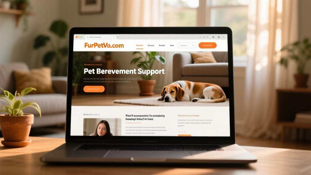 Screenshot of the FurPetVo.com homepage showing 'Pet Bereavement Support' highlighted in the navigation bar