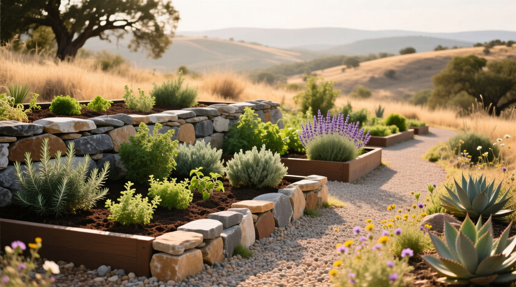 Raised herb garden beds in Texas Hill Country with rock mulch for water conservation