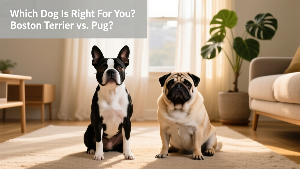 Side-by-side comparison of a Boston Terrier and a Pug sitting calmly on a sunlit living room floor