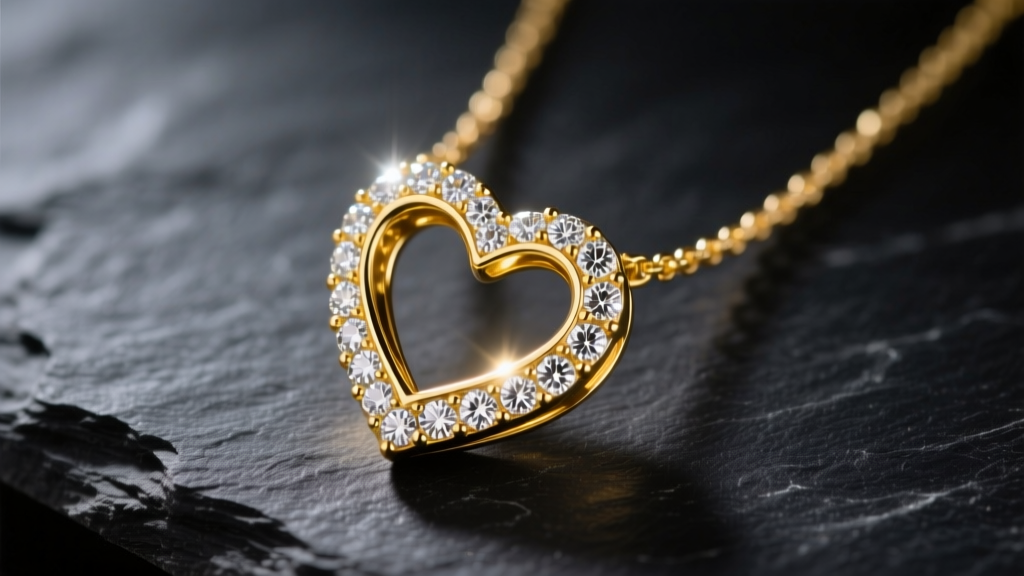 Close-up of a sparkling 18k yellow gold diamond heart necklace on dark slate, illuminated by soft directional studio lighting