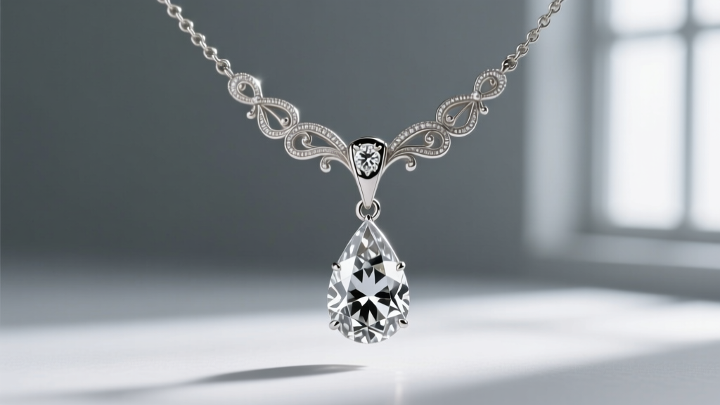 Close-up of an Edwardian platinum lavalier necklace vintage piece featuring an old European cut diamond and a pear-shaped drop.