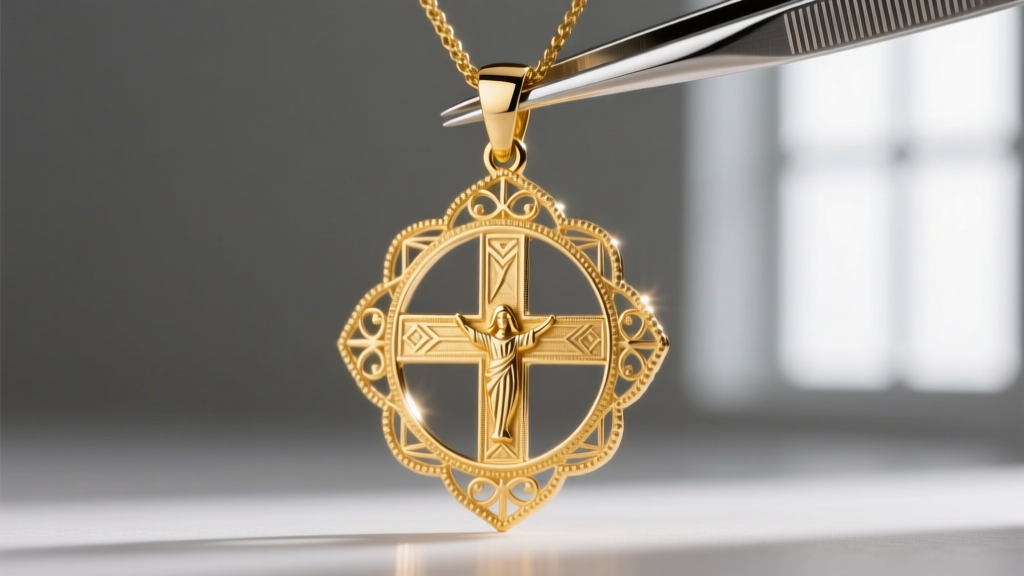 Macro shot of an 18k gold St Christopher pendant with laser-engraved borders and a matte background, held by jewelry tweezers.