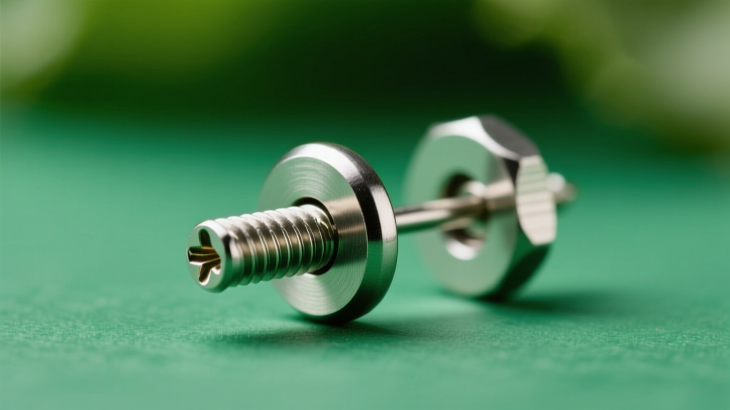 Macro shot of a 20-gauge steel earring post with a screw-back clasp, highlighting threading against a blurred green background.