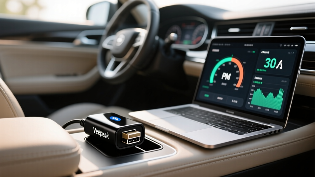 Close-up of a Veepeak OBD2 Bluetooth dongle plugged into a car diagnostic port with a smartphone and MacBook Pro resting on the center console showing telemetry data