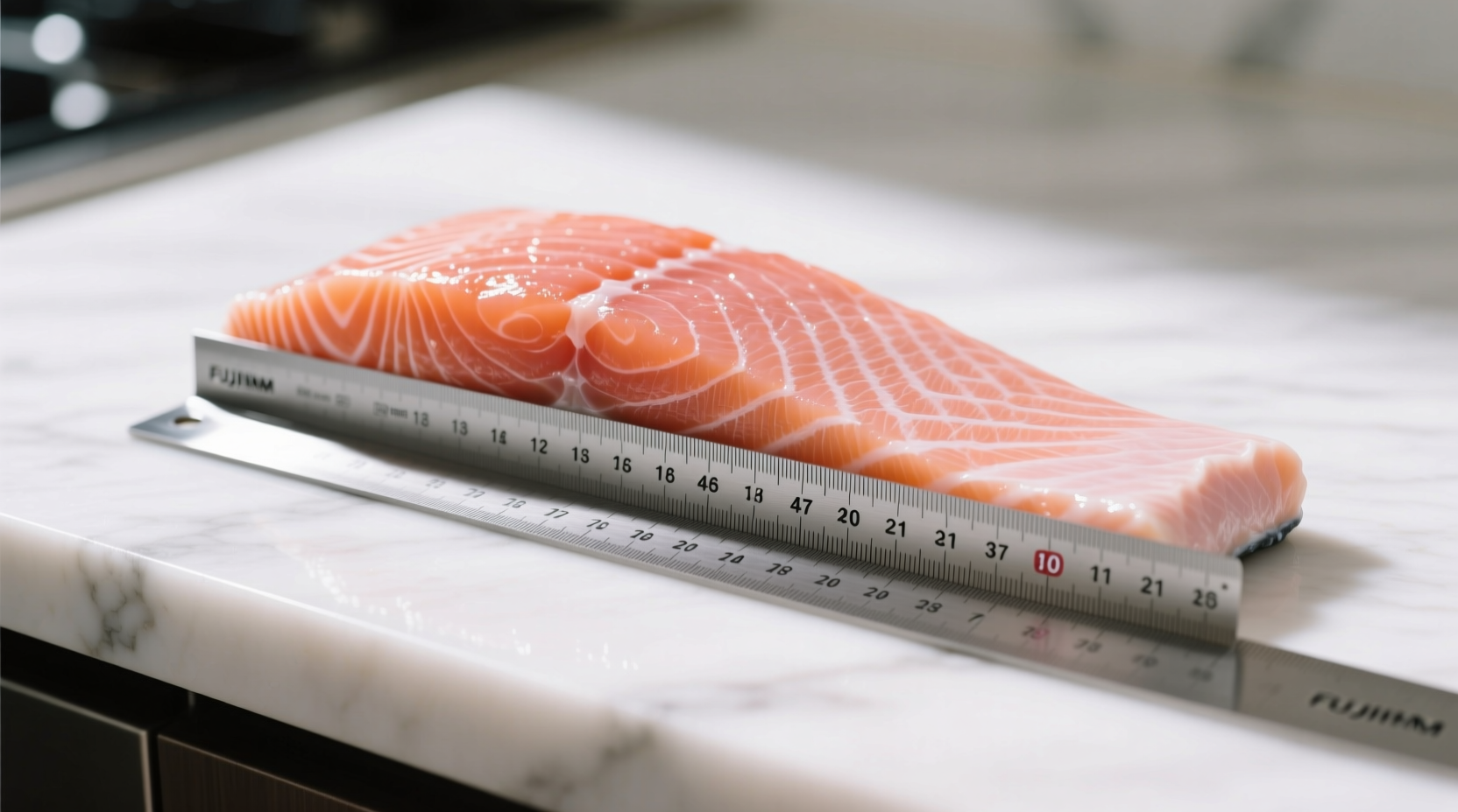 Measuring salmon fillet thickness with ruler