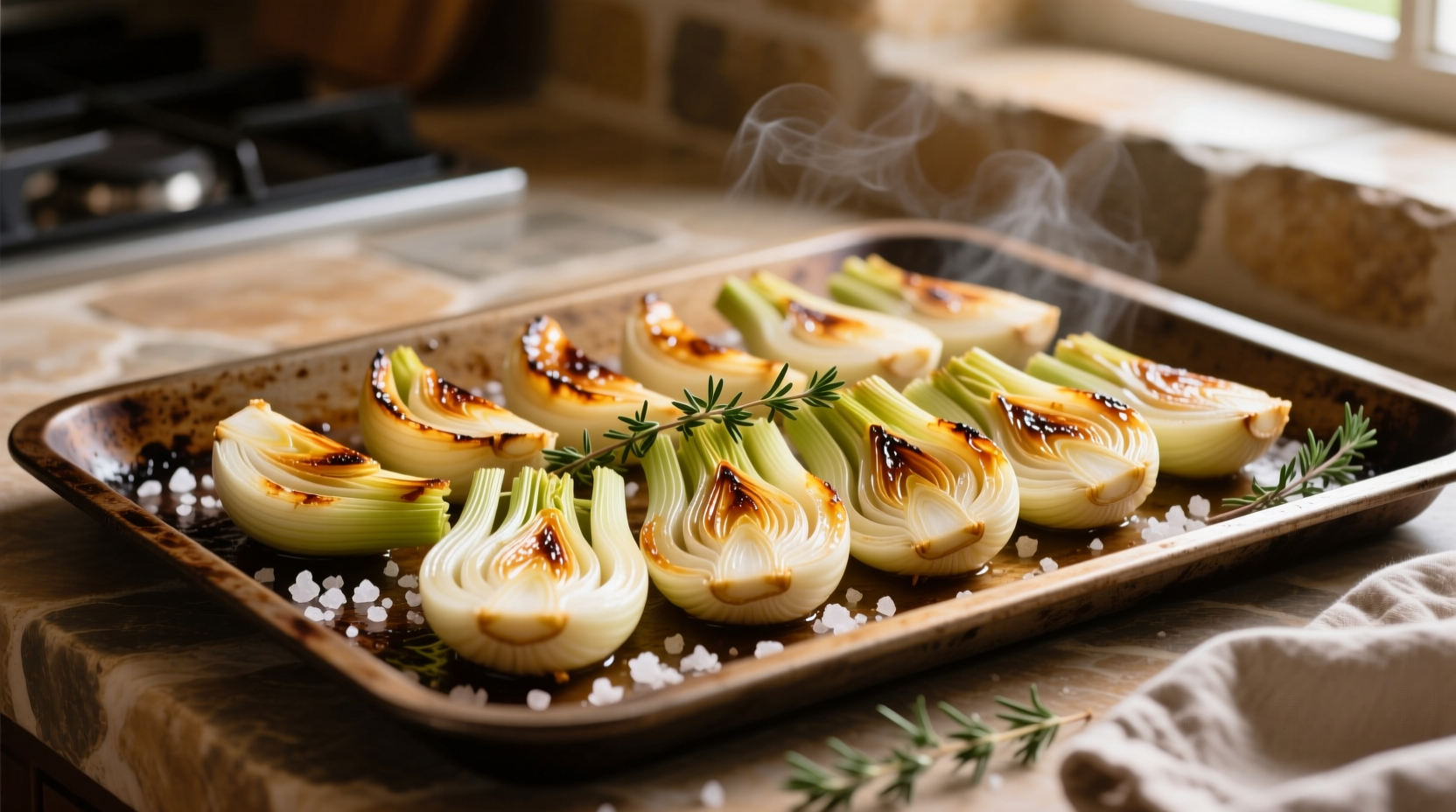 Fresh fennel bulb sliced for roasting