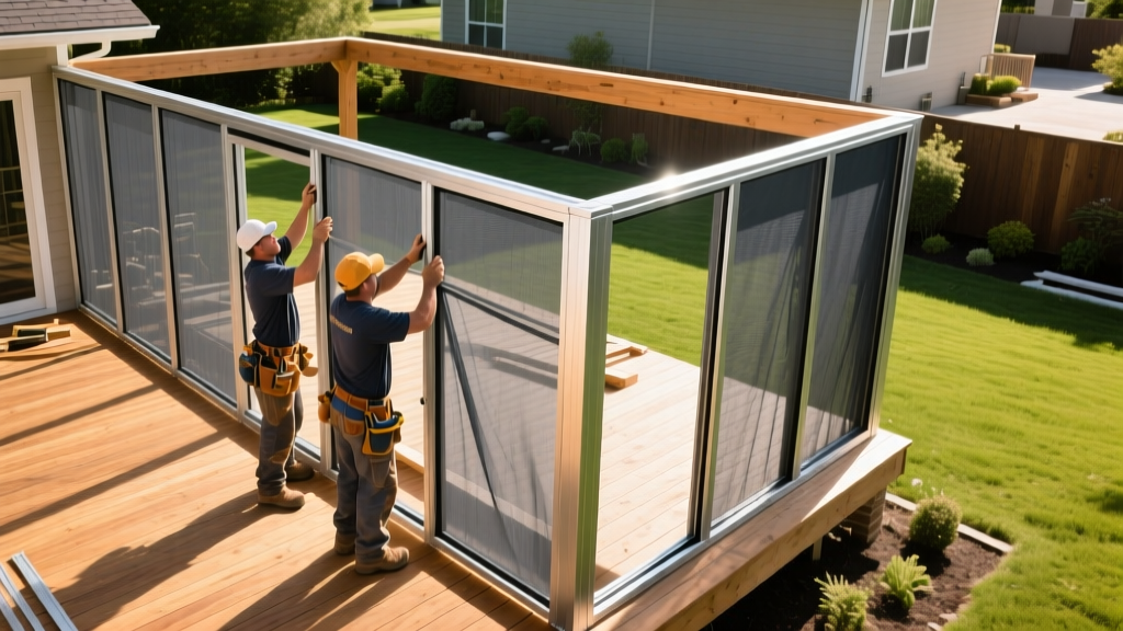 Carpenters installing aluminum framing and charcoal fiberglass mesh on a spacious wooden deck porch in a sunny suburban backyard
